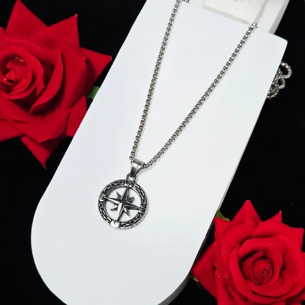 Compass Necklace 316L Stainless Steel 24” Men's Viking Norse Nautical Pendant